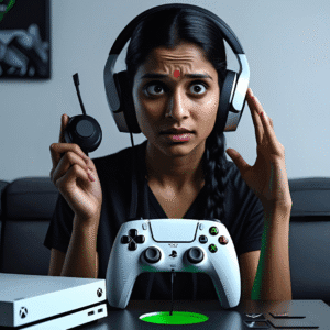 A gamer holding a PS5 headset in one hand and standing in front of an Xbox console with a puzzled expression.