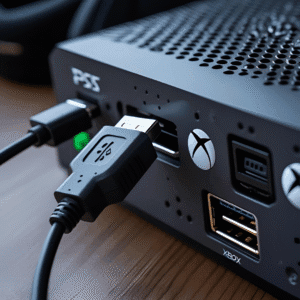 Close-up of a USB dongle failing to plug into an Xbox console