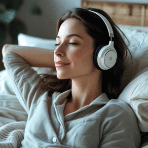 Person relaxing in a cozy indoor setting (like a bedroom or studio), wearing open-back headphones. Calm, natural lighting.
