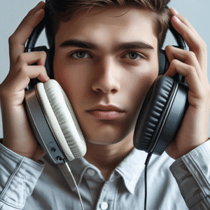 Person holding two different headphones (one in each hand), appearing to decide between them. Light background, neutral expression.